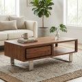 Brown Acacia Wood 1-Drawer Coffee Table with 1 Open Shelf and Stainless Steel Legs | Simla - Joe’s Haven