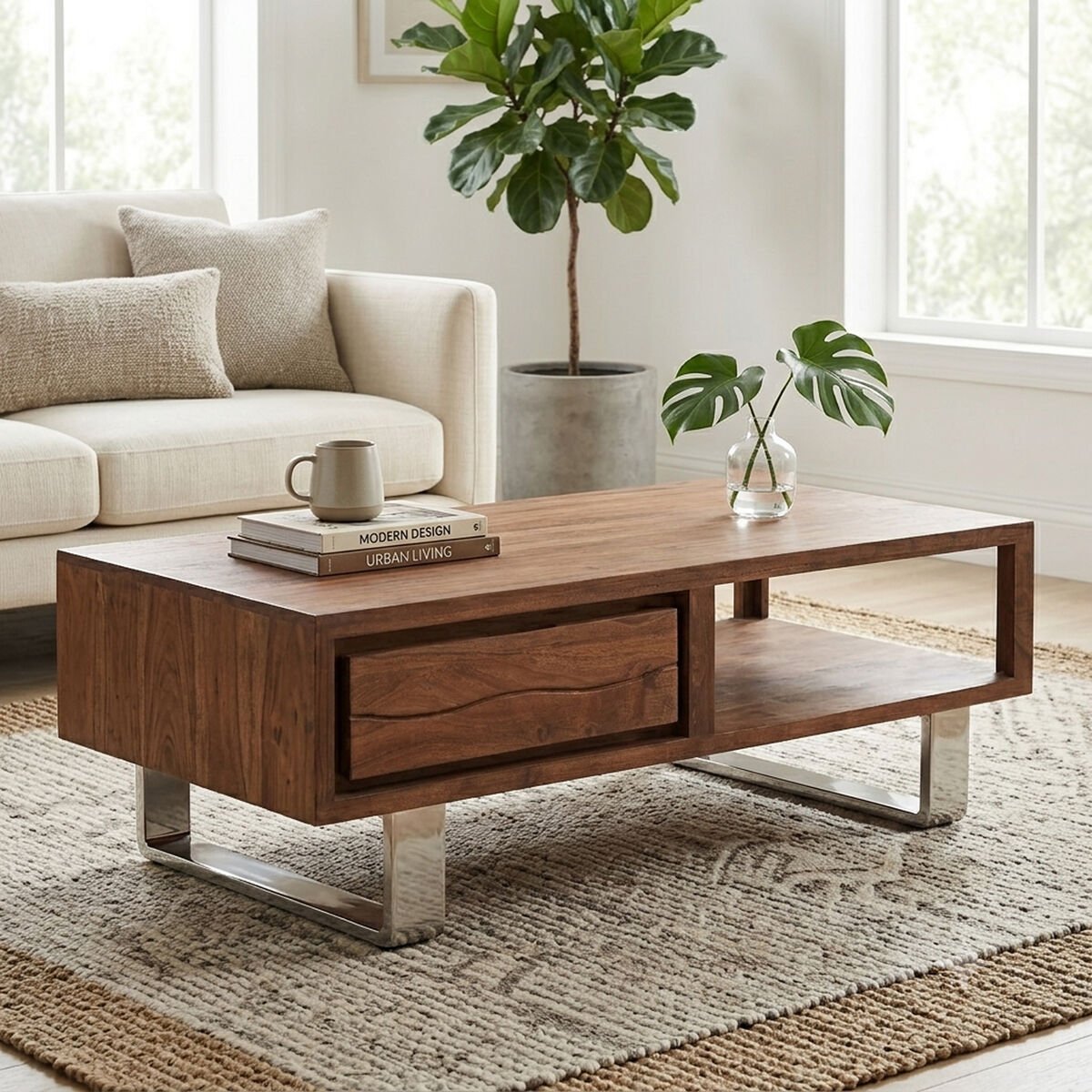 Brown Acacia Wood 1-Drawer Coffee Table with 1 Open Shelf and Stainless Steel Legs | Simla - Joe’s Haven