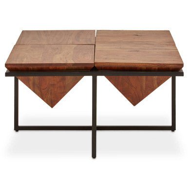 Brown Acacia Wood Pyramid Style Coffee Table with Black Metal Frame, Shimla - Joe’s Haven
