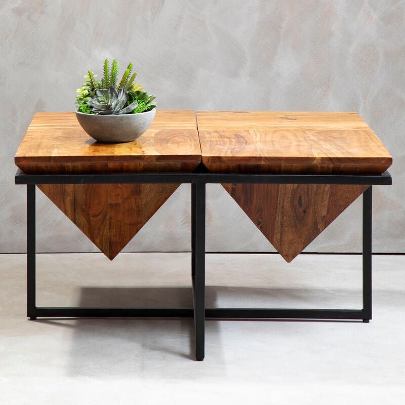 Brown Acacia Wood Pyramid Style Coffee Table with Black Metal Frame, Shimla - Joe’s Haven