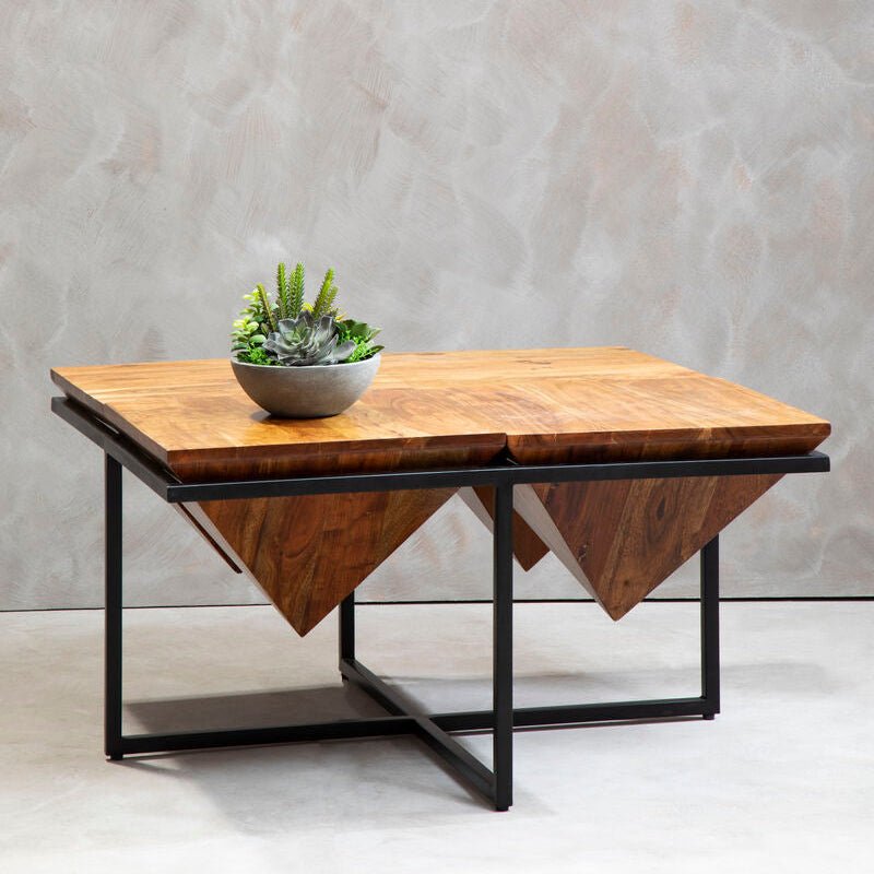 Brown Acacia Wood Pyramid Style Coffee Table with Black Metal Frame, Shimla - Joe’s Haven