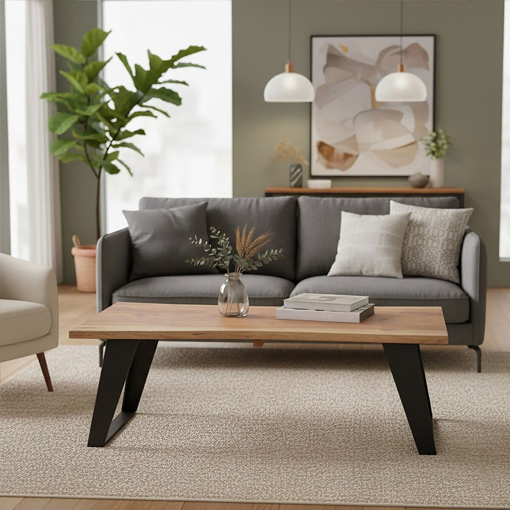 Live Edge Acacia Wood Top Coffee Table with Black Iron Legs, Surax - Joe’s Haven