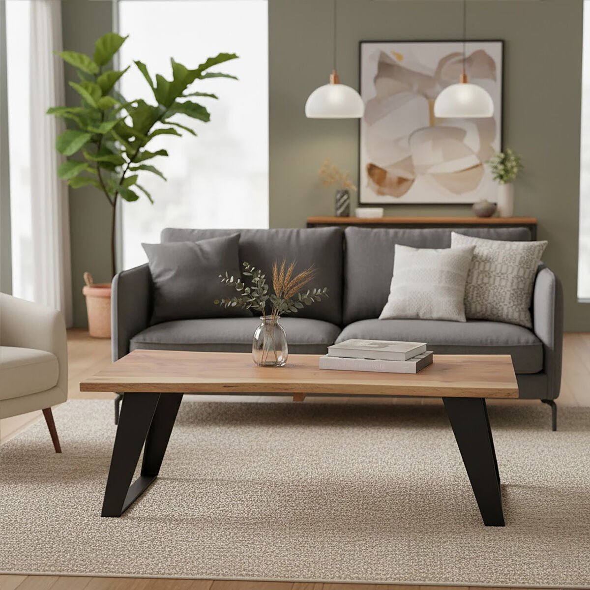 Live Edge Acacia Wood Top Coffee Table with Black Iron Legs, Surax - Joe’s Haven