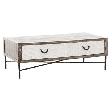 Dark Mud Grey Recycled Elm Wood Coffee Table with Two Storage Drawers and Metal Frame, Milan - Joe’s Haven