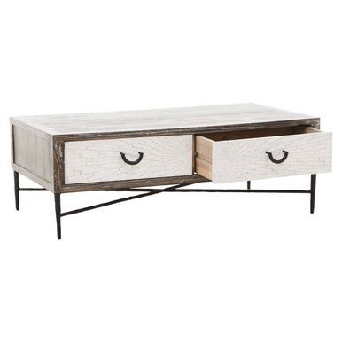 Dark Mud Grey Recycled Elm Wood Coffee Table with Two Storage Drawers and Metal Frame, Milan - Joe’s Haven
