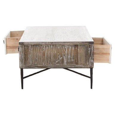 Dark Mud Grey Recycled Elm Wood Coffee Table with Two Storage Drawers and Metal Frame, Milan - Joe’s Haven