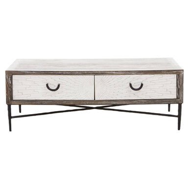 Dark Mud Grey Recycled Elm Wood Coffee Table with Two Storage Drawers and Metal Frame, Milan - Joe’s Haven