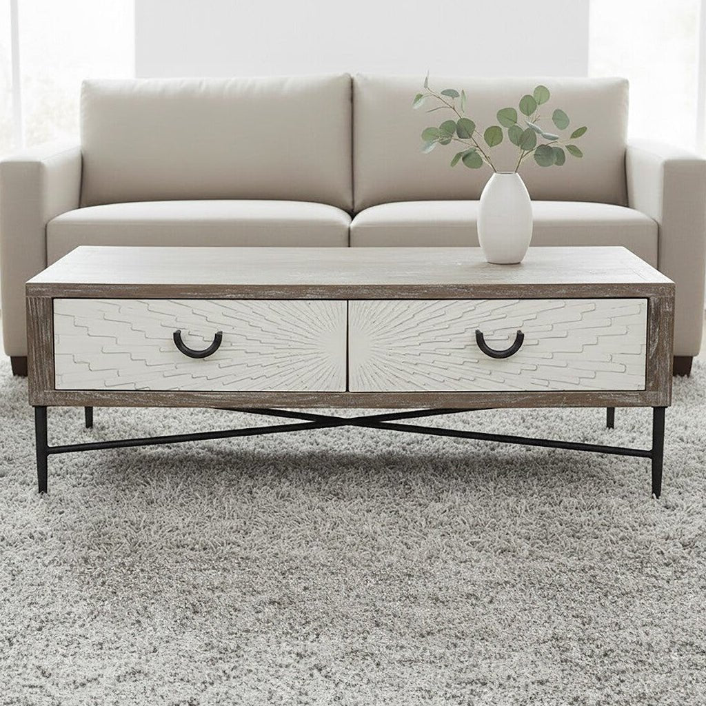 Dark Mud Grey Recycled Elm Wood Coffee Table with Two Storage Drawers and Metal Frame, Milan - Joe’s Haven