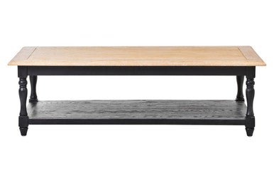 Antique Oak Top Coffee Table with Grey Birchwood Legs and Storage Undershelf, Kensington Townhouse - Joe’s Haven