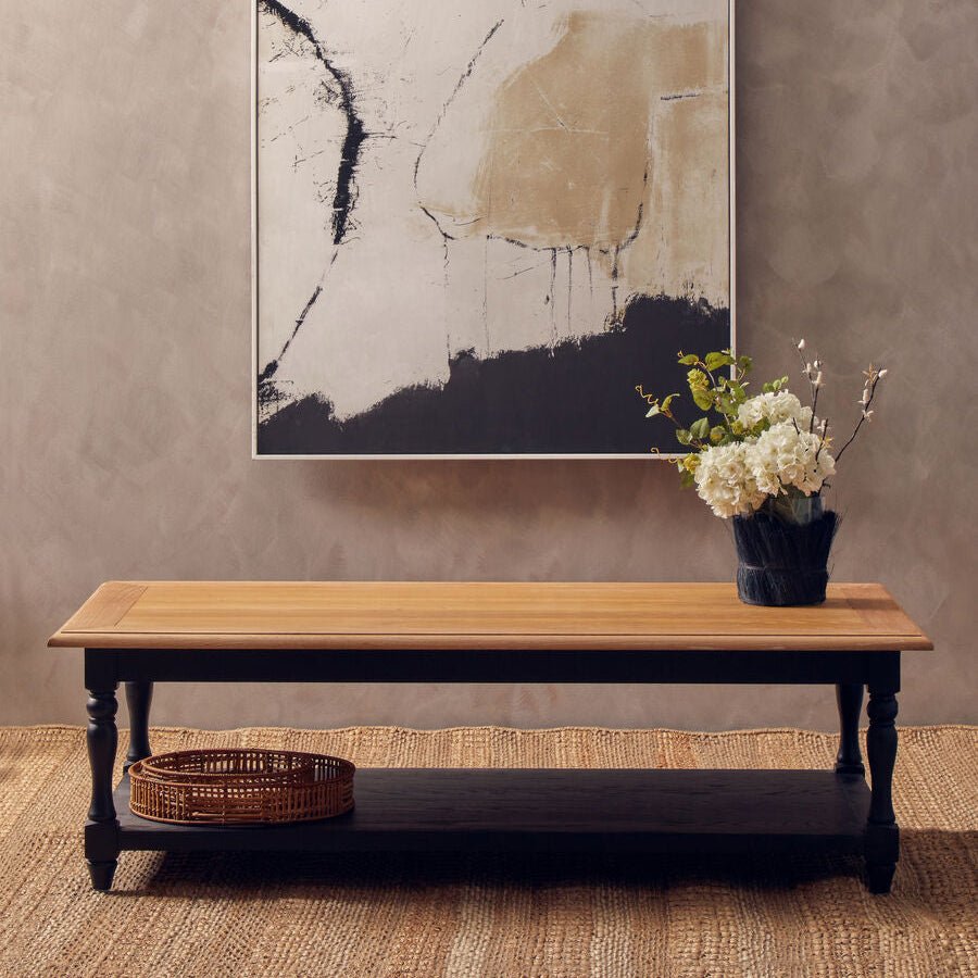 Antique Oak Top Coffee Table with Grey Birchwood Legs and Storage Undershelf, Kensington Townhouse - Joe’s Haven