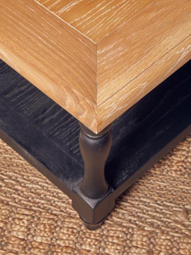 Antique Oak Top Coffee Table with Grey Birchwood Legs and Storage Undershelf, Kensington Townhouse - Joe’s Haven