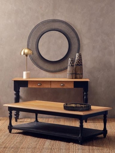 Antique Oak Top Coffee Table with Grey Birchwood Legs and Storage Undershelf, Kensington Townhouse - Joe’s Haven
