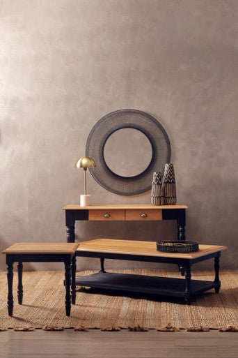 Antique Oak Top Coffee Table with Grey Birchwood Legs and Storage Undershelf, Kensington Townhouse - Joe’s Haven