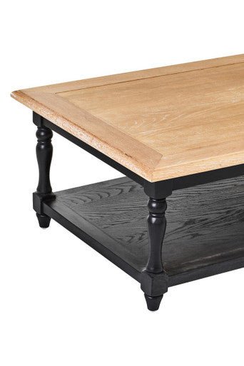 Antique Oak Top Coffee Table with Grey Birchwood Legs and Storage Undershelf, Kensington Townhouse - Joe’s Haven