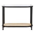 Black Elm Wooden Frame and Clear Glass Top 2 - Tier Console Table with Natural Rattan Shelf, Cebu - Joe’s Haven