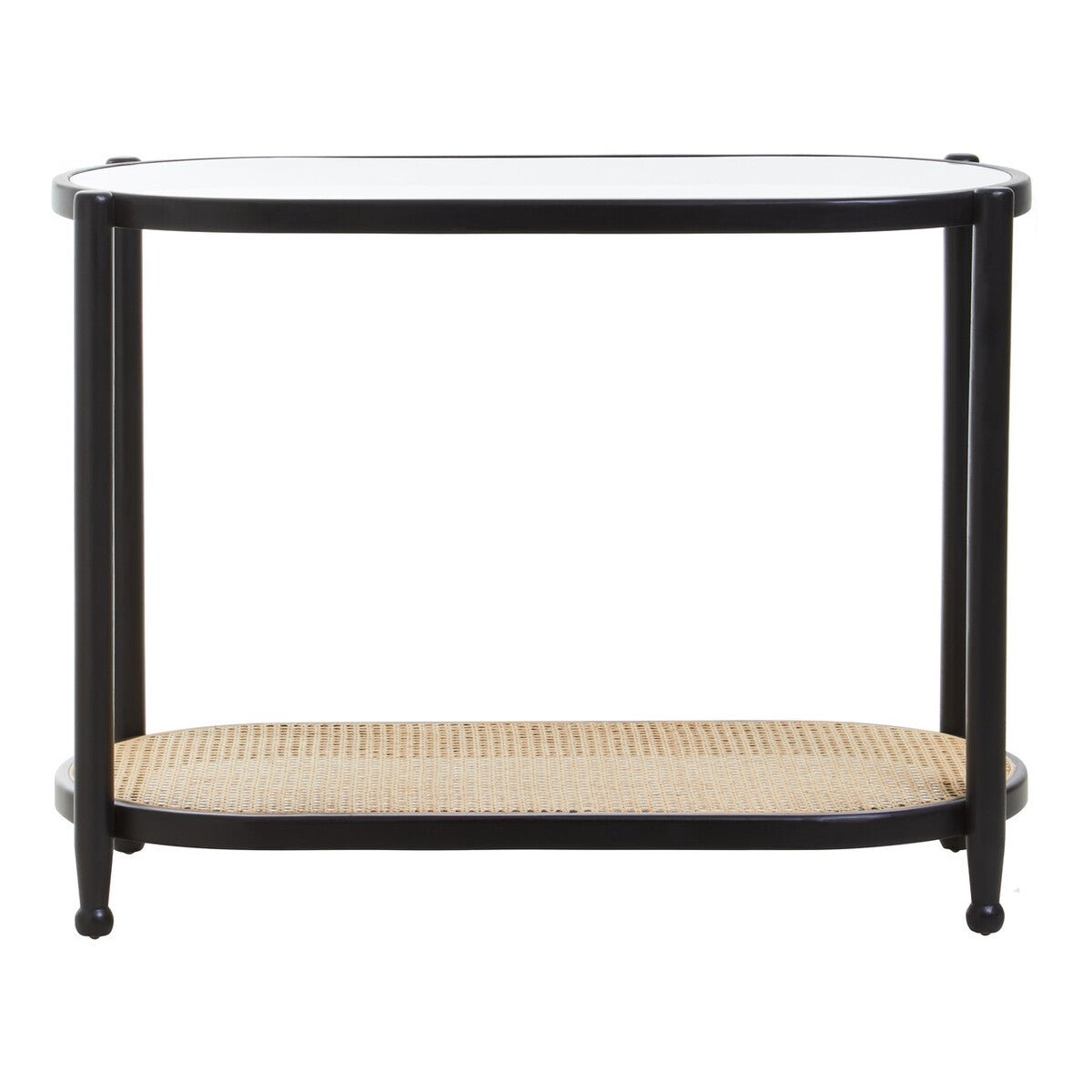 Black Elm Wooden Frame and Clear Glass Top 2 - Tier Console Table with Natural Rattan Shelf, Cebu - Joe’s Haven