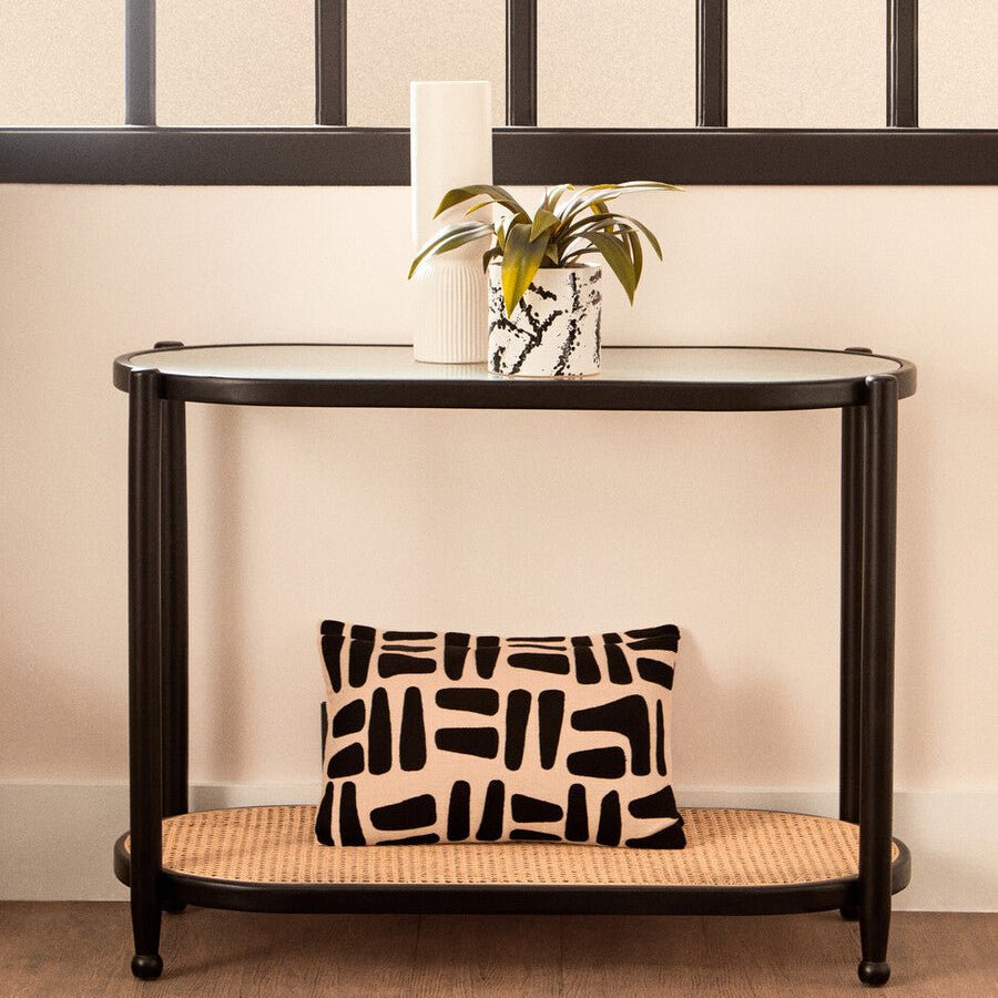 Black Elm Wooden Frame and Clear Glass Top 2 - Tier Console Table with Natural Rattan Shelf, Cebu - Joe’s Haven