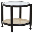 Black Elm Wood Side Table with Glass Top and Cane Open Weave Lower Shelf, Cebu - Joe’s Haven