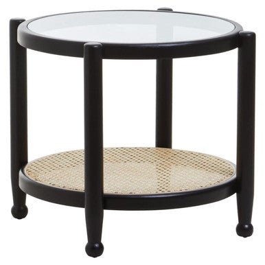 Black Elm Wood Side Table with Glass Top and Cane Open Weave Lower Shelf, Cebu - Joe’s Haven