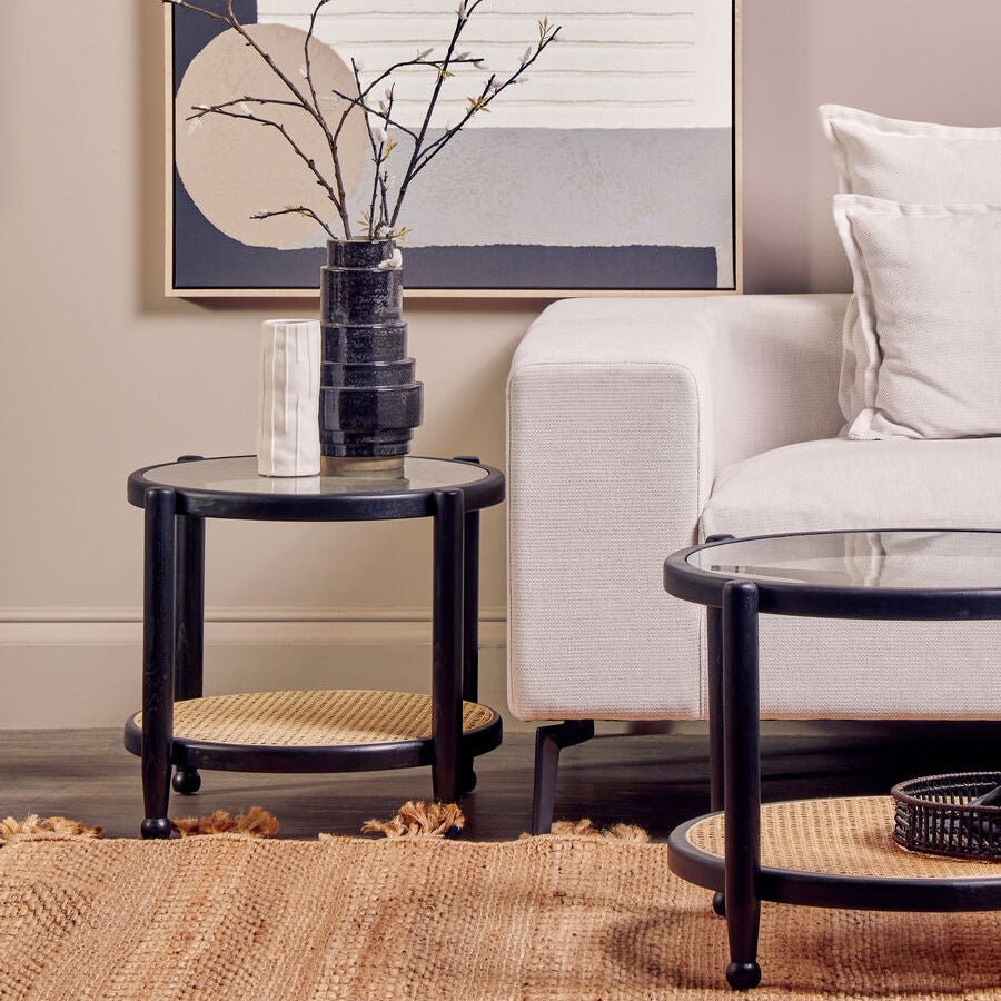 Black Elm Wood Side Table with Glass Top and Cane Open Weave Lower Shelf, Cebu - Joe’s Haven