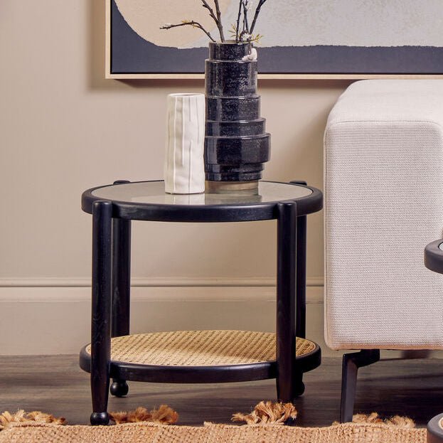 Black Elm Wood Side Table with Glass Top and Cane Open Weave Lower Shelf, Cebu - Joe’s Haven