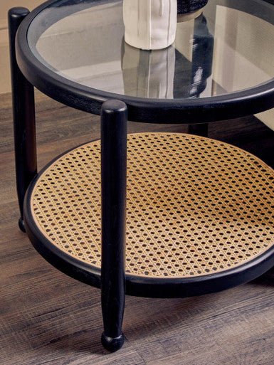 Black Elm Wood Side Table with Glass Top and Cane Open Weave Lower Shelf, Cebu - Joe’s Haven
