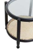 Black Elm Wood Side Table with Glass Top and Cane Open Weave Lower Shelf, Cebu - Joe’s Haven