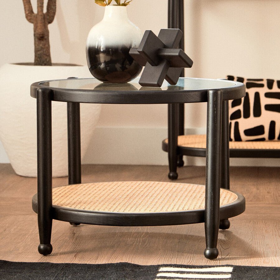 Black Wood and Rattan Frame Coffee Table with Glass Top, Cebu - Joe’s Haven