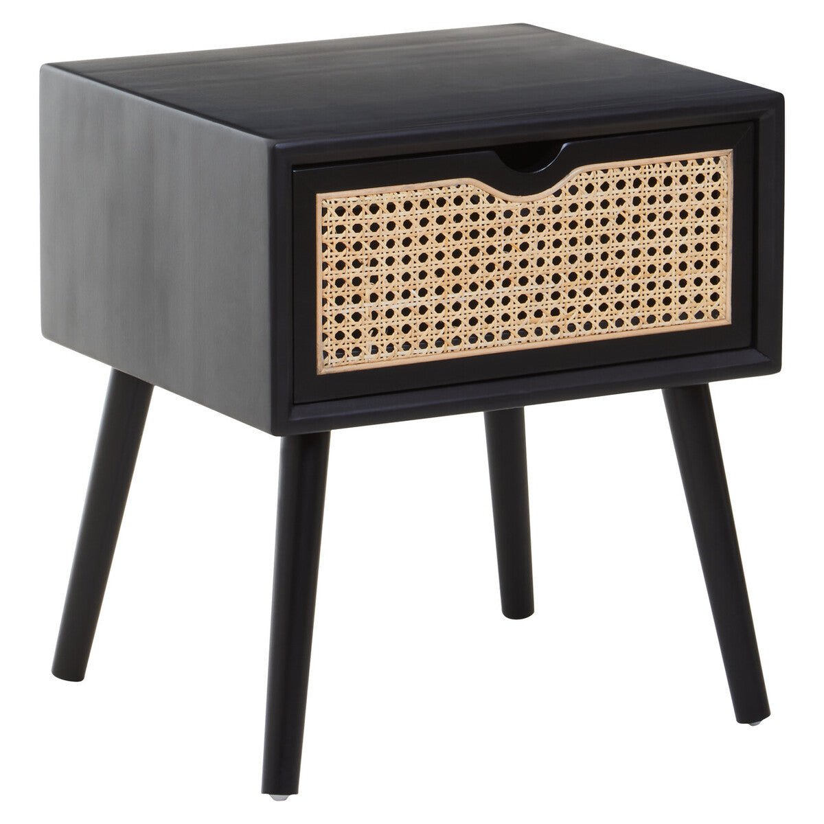 Black Elm Wood Side Table with Natural Cane Weave 1 Drawer and Angular Legs, Cebu - Joe’s Haven