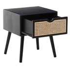 Black Elm Wood Side Table with Natural Cane Weave 1 Drawer and Angular Legs, Cebu - Joe’s Haven