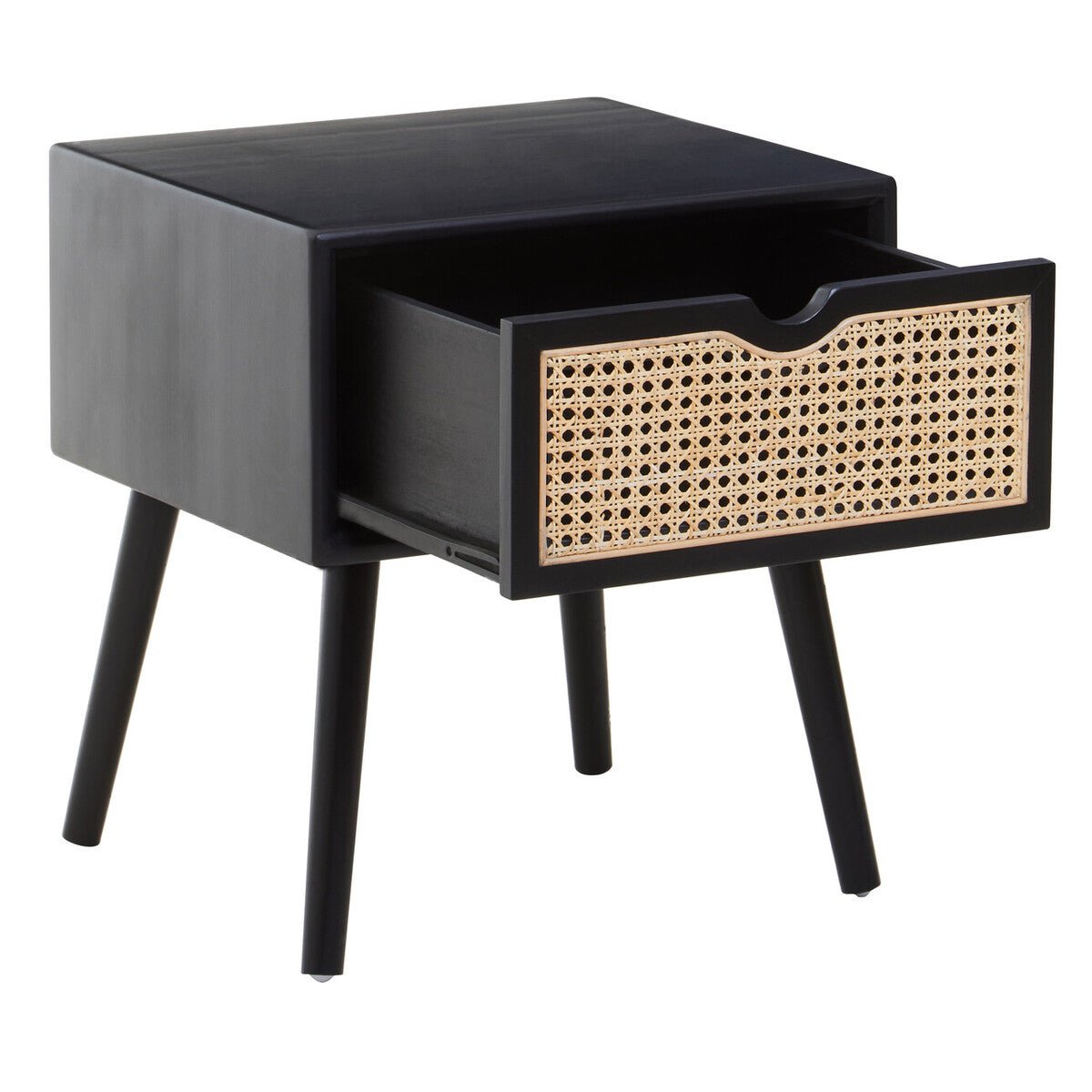 Black Elm Wood Side Table with Natural Cane Weave 1 Drawer and Angular Legs, Cebu - Joe’s Haven