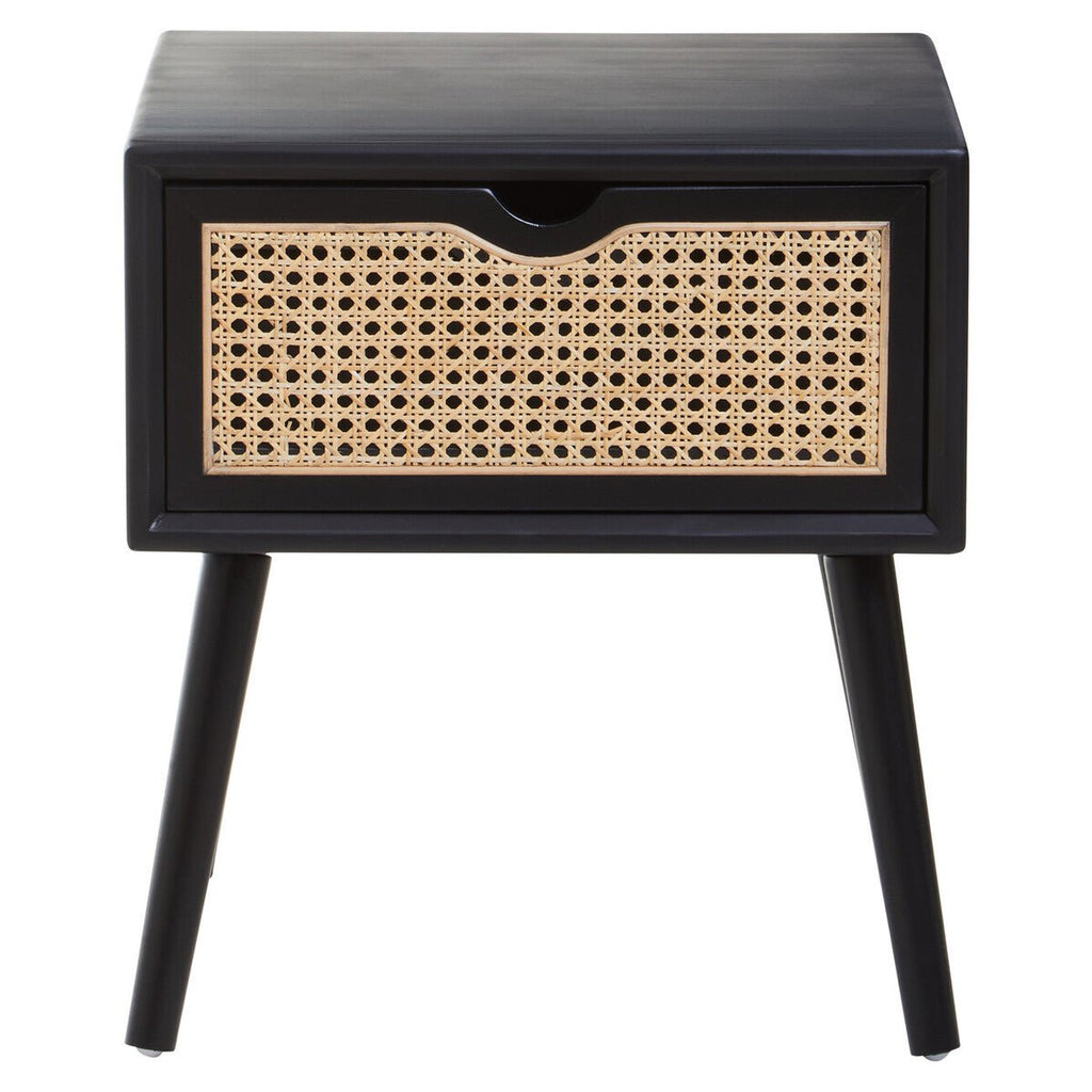Black Elm Wood Side Table with Natural Cane Weave 1 Drawer and Angular Legs, Cebu - Joe’s Haven