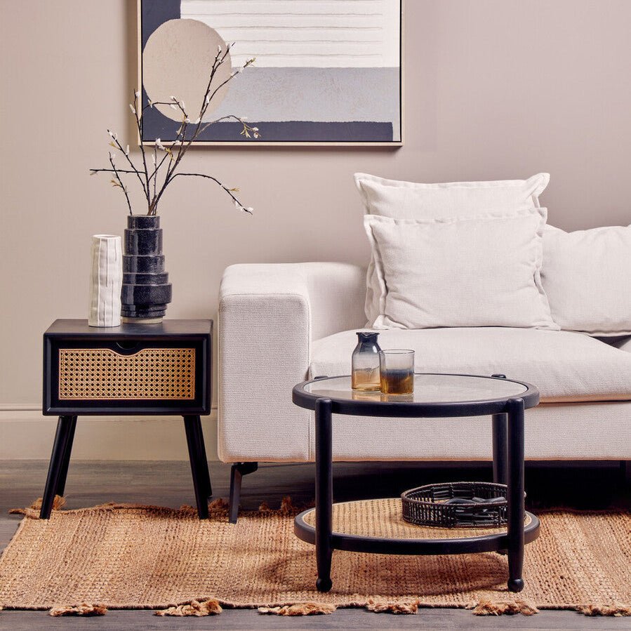 Black Elm Wood Side Table with Natural Cane Weave 1 Drawer and Angular Legs, Cebu - Joe’s Haven