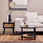 Black Elm Wood Side Table with Natural Cane Weave 1 Drawer and Angular Legs, Cebu - Joe’s Haven