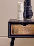 Black Elm Wood Side Table with Natural Cane Weave 1 Drawer and Angular Legs, Cebu - Joe’s Haven