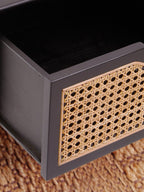 Black Elm Wood Side Table with Natural Cane Weave 1 Drawer and Angular Legs, Cebu - Joe’s Haven