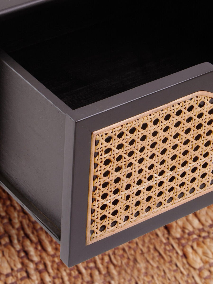 Black Elm Wood Side Table with Natural Cane Weave 1 Drawer and Angular Legs, Cebu - Joe’s Haven