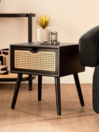 Black Elm Wood Side Table with Natural Cane Weave 1 Drawer and Angular Legs, Cebu - Joe’s Haven