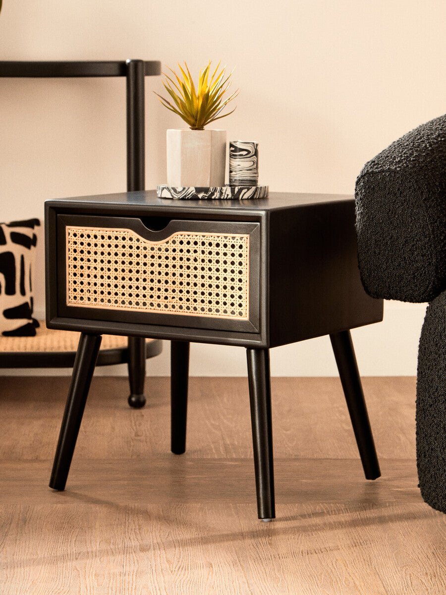 Black Elm Wood Side Table with Natural Cane Weave 1 Drawer and Angular Legs, Cebu - Joe’s Haven