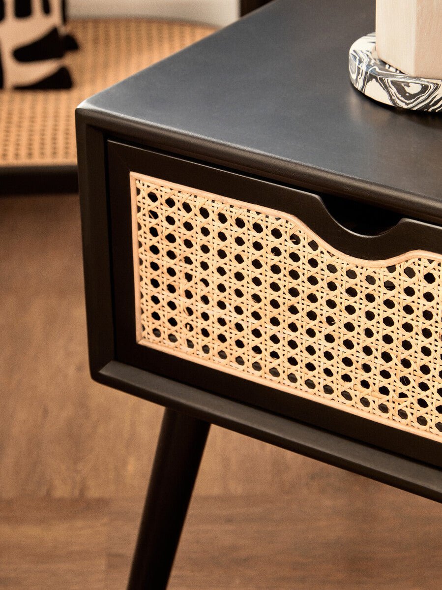 Black Elm Wood Side Table with Natural Cane Weave 1 Drawer and Angular Legs, Cebu - Joe’s Haven