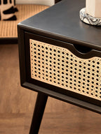 Black Elm Wood Side Table with Natural Cane Weave 1 Drawer and Angular Legs, Cebu - Joe’s Haven