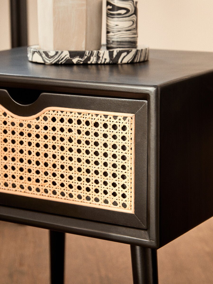 Black Elm Wood Side Table with Natural Cane Weave 1 Drawer and Angular Legs, Cebu - Joe’s Haven