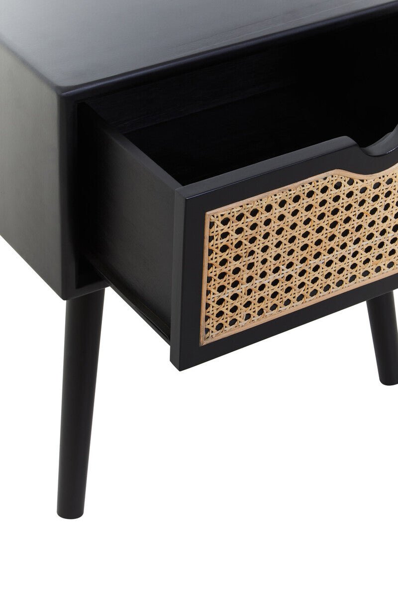 Black Elm Wood Side Table with Natural Cane Weave 1 Drawer and Angular Legs, Cebu - Joe’s Haven