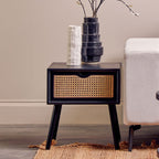 Black Elm Wood Side Table with Natural Cane Weave 1 Drawer and Angular Legs, Cebu - Joe’s Haven