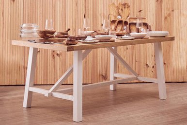 Natural Reclaimed Oak and Birch Wood Rectangular Dining Table with White Painted Base, Parkside - Joe’s Haven