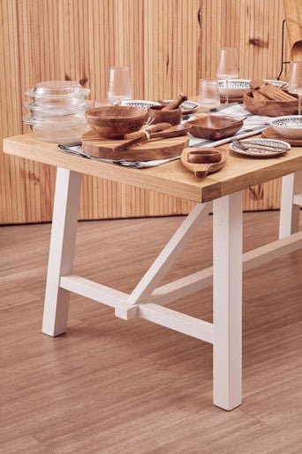 Natural Reclaimed Oak and Birch Wood Rectangular Dining Table with White Painted Base, Parkside - Joe’s Haven