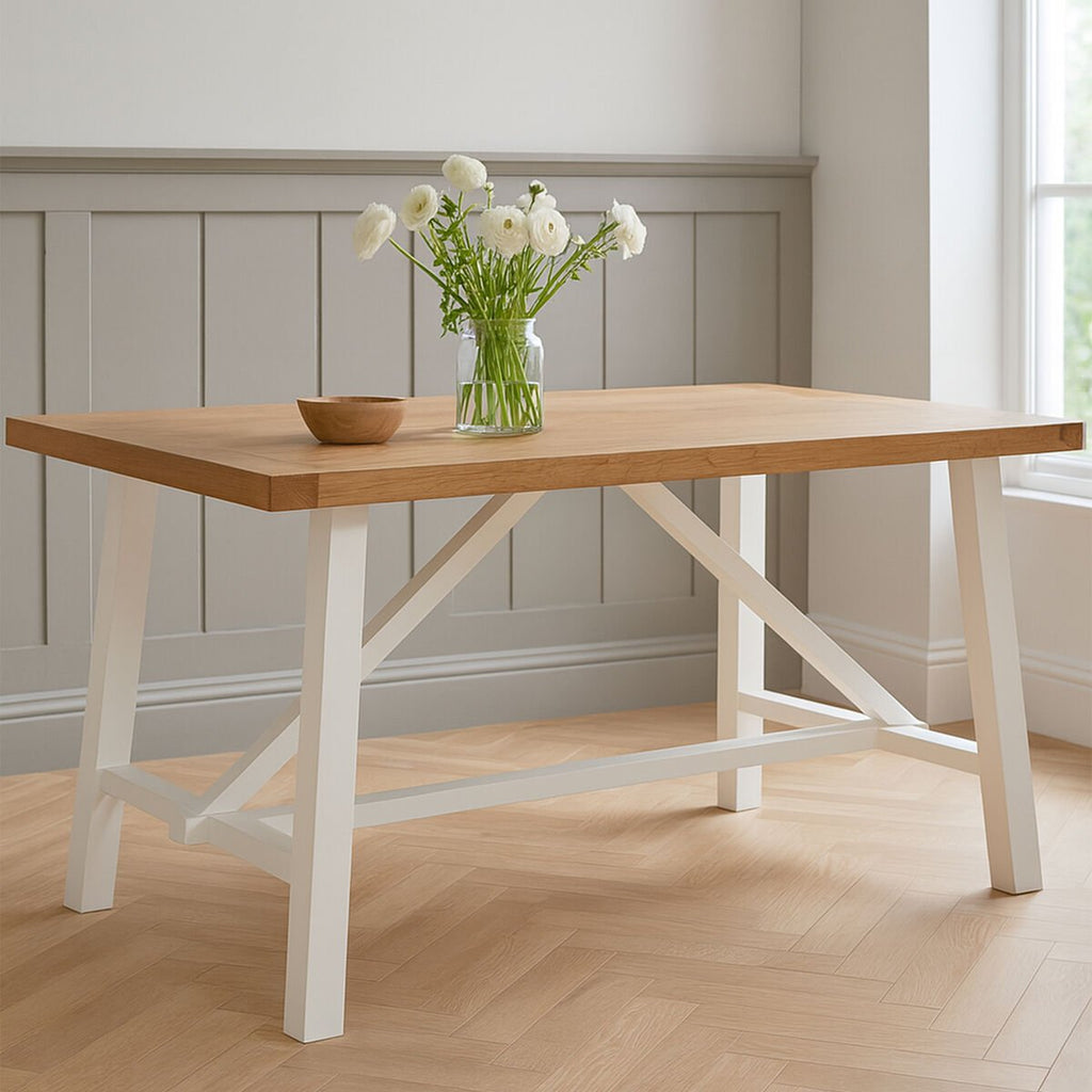 Natural Reclaimed Oak and Birch Wood Rectangular Dining Table with White Painted Base, Parkside - Joe’s Haven