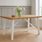 Natural Reclaimed Oak and Birch Wood Rectangular Dining Table with White Painted Base, Parkside - Joe’s Haven