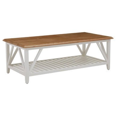 Natural Oak Top Coffee Table with Lower Shelf White Birch Wood Base, Parkside - Joe’s Haven