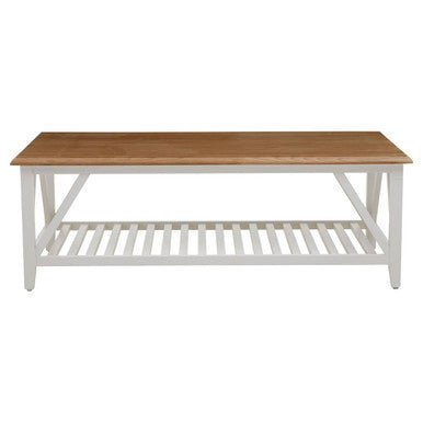 Natural Oak Top Coffee Table with Lower Shelf White Birch Wood Base, Parkside - Joe’s Haven